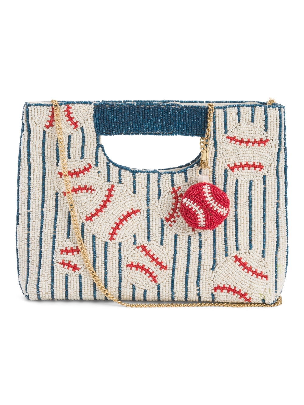 Beaded Baseball Motif Wristlet Clutch - Cream, Blue & Red